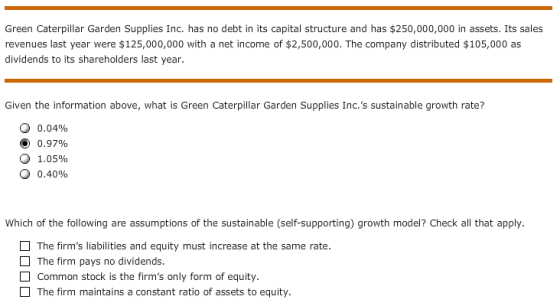 Green Caterpillar Garden Supplies Inc. has no debt in its capital structure and has $250,000,000 in assets. Its sales revenue
