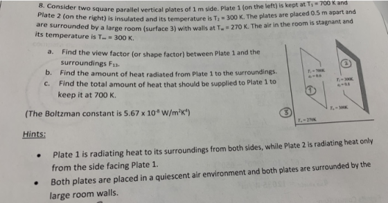 8. Consider two square parallel vertical Plate 2 (on the right) is insulated and its tem are surrounded by its temperature is