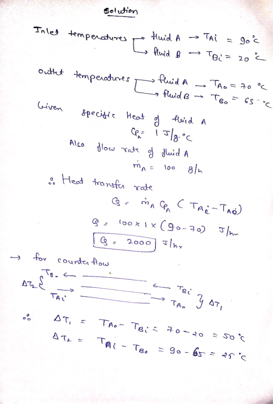Solution Inlet temperatures fluid A → Tai = go L fluid B → TB: = 20 € outlet temperatures To fluid A w Tao = 70° ng fluid B