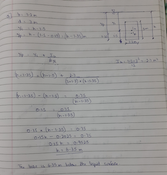b = 1.2m ak d=3m Yo = h - 1.5 Yp = h - (1.5-0.15) = /h- 1.35) 1.8st is Yp = Ye + In Aye Is = 102x3 = 2.7 m (h-1.35) = (h.1.5)