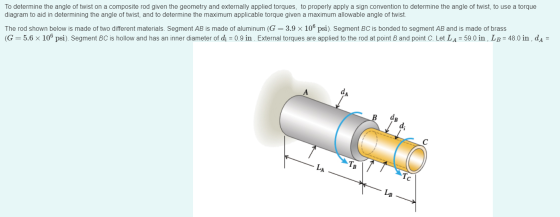 To determine the angle of twist on a composite rod given the geometry and externally applied torques, to properly apply a sig