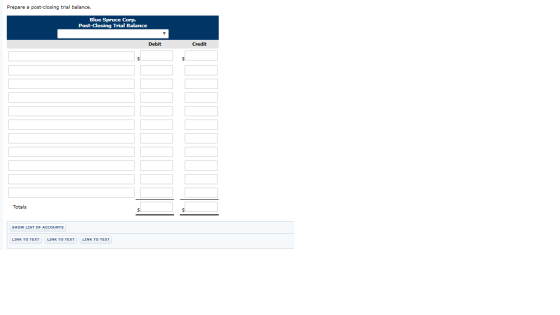 Prepare a post-closing trial balance. Blue Spruce Corp. Post-Closing Trial Balance Debit Credit Totals SHOW LIST OF ACCOUNTS