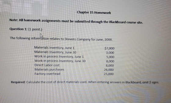 Chapter 15 Homework Note: All homework assignments must be submitted through the Blackboard course site. Question 1: (1 point