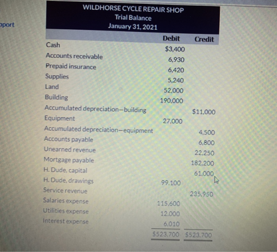 pport W 6,420 WILDHORSE CYCLE REPAIR SHOP Trial Balance January 31, 2021 Debit Credit Cash $3,400 Accounts receivable 6,930 P
