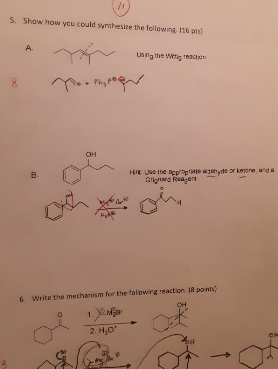 5. Show how you could synthesize the following. (16 pts) A Using the Wittig reaction y vang Ho wang reason Mo + Phypoger 8 ОН