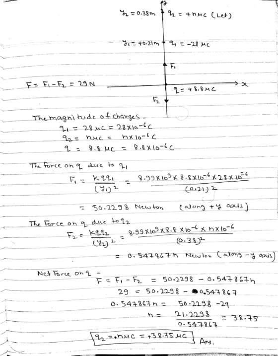 2. magnitude ofcharges- L021 - 50.228 Ne ton Calon2性axis ) force on 은 dae to 22 38 F= F1-F2 = 50.22g 8 -o. 54786th h-21.229 o. 54子847