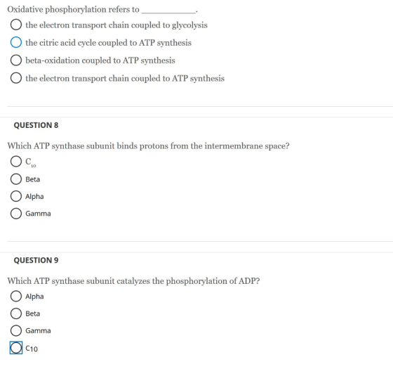 Oxidative phosphorylation refers to O the electron transport chain coupled to glycolysis O the citric acid cycle coupled to A