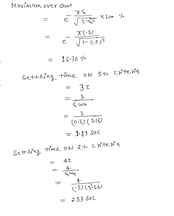 Maximam over shoot TG X100 to J 1-62 e 7(.5) 1) e é JF (15) 16:30 % ON 5% criteria settling time 32 3 C wn 3 (0.5) (3.14) 1.8