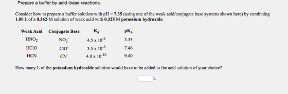 Prepare a buffer by acid-base reactions. Consider how to prepare a buffer solution with pH = 7.35 (using one of the weak acid