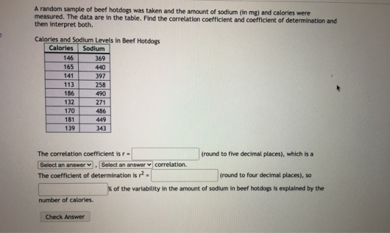 A random sample of beef hotdogs was taken and the amount of sodium (in mg) and calories were measured. The data are in the ta