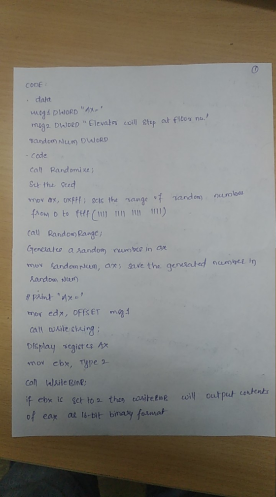 CODE . dala AX code call Rand oni ze Set the ceed hon o to ftf u 11) call Rand on Range Gencatu a sandom wobee in o Random pleum, ax save the gensatrd nanyer l Random Jeern mor edx, oFfSET mg call wxile shing Display segictes x mov cbx, Type 2 f ebx ic sct toa the osite E i out put cestents of eax aet6-bir binay forma