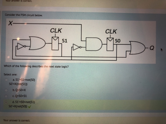 Your answer is correct. Consider the FSM circuit below CLK CLK S1 SO Which of the following describes the next state logic? Select one: a. S1-S1+not(S0) So-X(not(S1) c, Q-S0+S1 d.S1-S0+not(S1) so-X(not(S0) Your answer is correct.