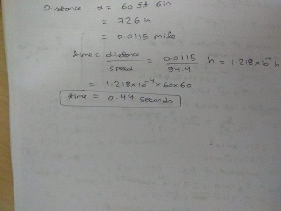 Distance de 60 ft bin 726 in = 0.0115 mile time = distance - 0.0115 h = 1.218 x 6 h speed gu.y = 1.218610 x 60x60 time = 0.4