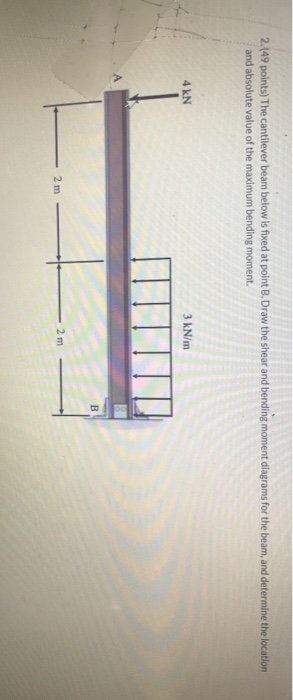 2.(49 points) The cantilever beam below is fixed at point B.Draw the shear and bending moment diagrams for the beam, and dete