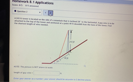 mework 8.1 Applications Score: 0/5 0/5 answered Question 2 < A 243 ft tower is located on the side of a mountain that is incl