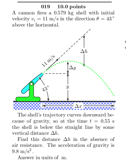 019 10.0 points A cannon fires a 0.579 kg shell with initial velocity Vi-11 m/s in the direction θ 43° above the horizontal. The shells trajectory curves downward be- cause of gravity, so at the timet 0.55 s the shell is below the straight line by some vertical distance ΔΙι Find this distance Ah in the absence of air resistance. The acceleration of gravity is 9.8 m/s2. Answer in units of m