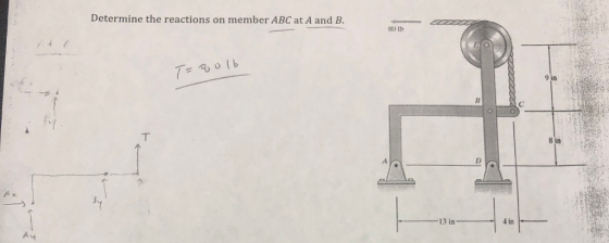Determine the reactions on member ABC at A and B. S0 lb o Ib 9 in 8 in 13 in 4 in Ay