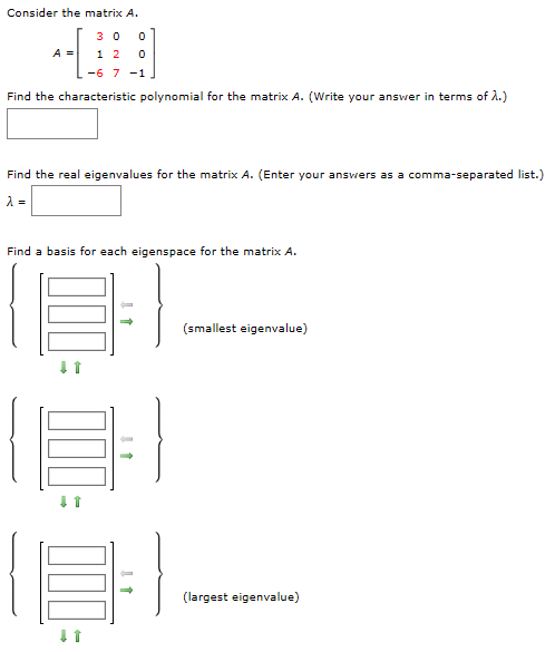 Consider the matrix A. [ 300 A = 120 L-6 7 -1 Find the characteristic polynomial for the matrix A. (Write your answer in term