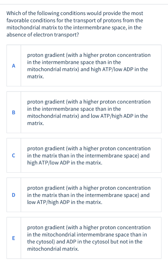 Which of the following conditions would provide the most favorable conditions for the transport of protons from the mitochond