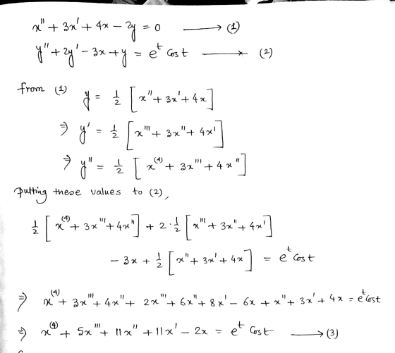 x + 3x+ 4x – 2y = 0 -> (1) y+2y + 3x +y = et cost — from 19 y = { [2+32+42] 129 Om x + 3x + 4241 + 3x + 4x y = { [ *+