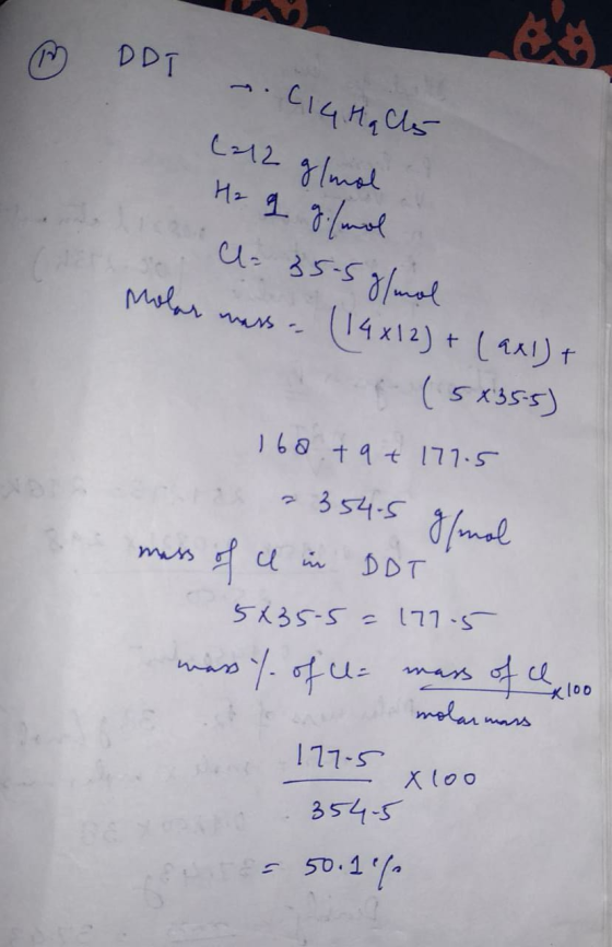 M DDI .C14 Hq 5 (212 g/mol H₂ q g/mol C-35-5 g/mol Molar mass- (14x12)+(axl) + (5x355) 160 + 9 + 177.5 354-5 g/mol mass of ce