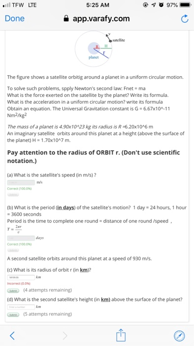 LTE @ 10 97% TEW Done 5:25 AM app.varafy.com satellite The figure shows a satellite orbitig around a planet in a uniform circ