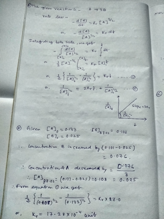 he given reaction in ABB Now, rate law - d[A] de = kg EA73/ dLAS - Krdt [A32 Integrating both Sidle, we get to - dla [A] = kr