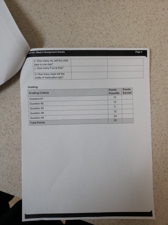 AT101: Week 6 Assignment Details Page 3 b. How many mL will the child take in one day? c. How many fl oz is this? d. How many