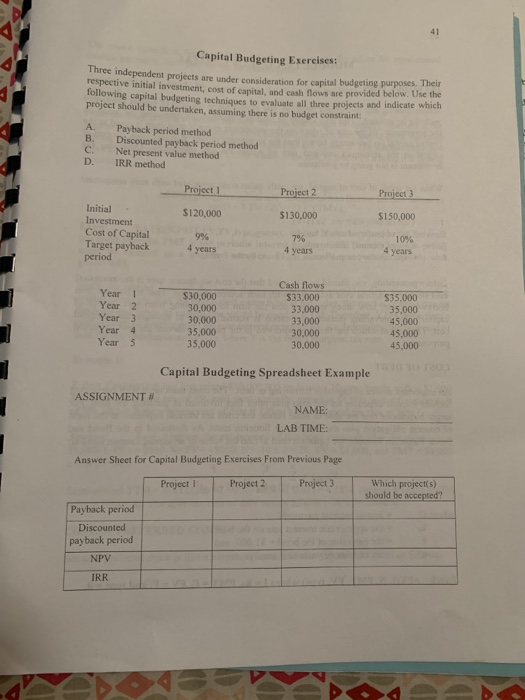 41 Capital Budgeting Exercises: Inree independent projects are under consideration for capital budgeting purposes. Their resp