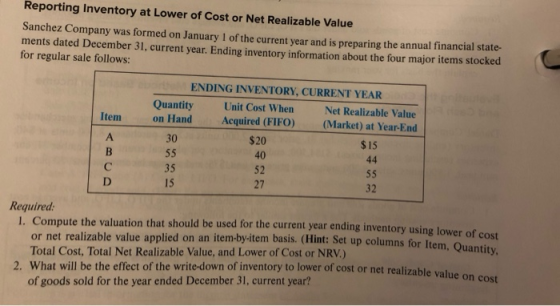Reporting Inventory at Lower of Cost or Net Realizable Value Sanchez Company was formed on January 1 of the current year and
