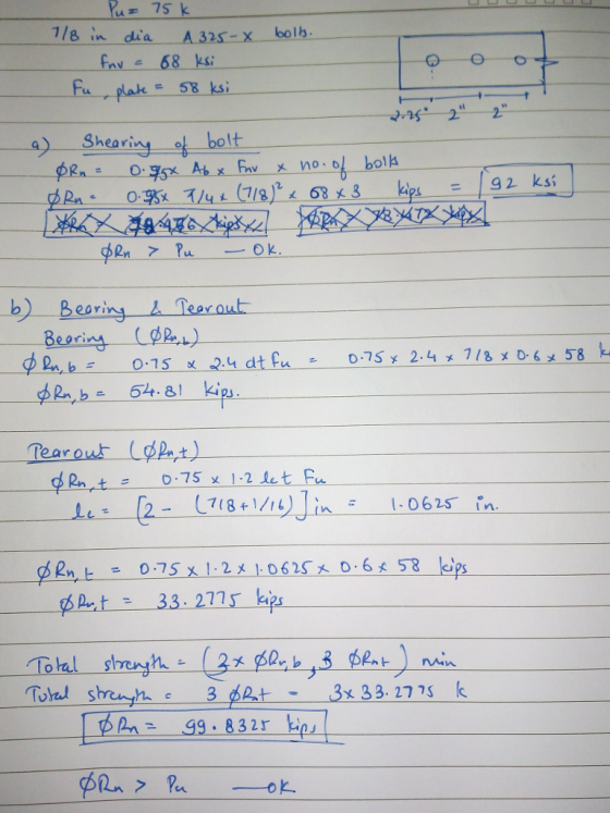 7/Bỉndia A325-x bolb Shearini o bolt Pa. 0郭국/m(1,8).67x3 kips :/ g 2 ksi 1 [2-1718+1/14-Jin 1.0625-in. dent.-075 x 1-2x上0625x 0.6353-kips ¢A,t 33, 27 5 kips = 99-831