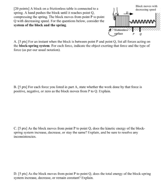 Block moves with decreasing speed [20 points) A block on a frictionless table is connected to a spring. A hand pushes the blo