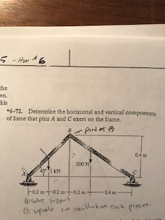 he his 6-72. Determine the horizontal and vertical components of force that pins A and Cexert on the frame. 0.4 m 500 N 1 EN 0.2 m+0.2 m+0.2m+--04