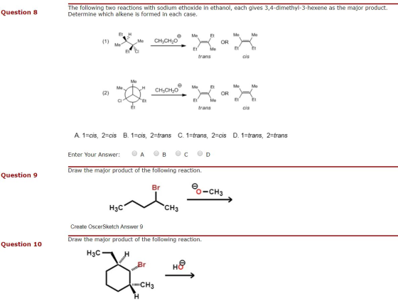 The following two reactions with sodium ethoxide in ethanol, each gives 3,4-dimethyl-3-hexene as the major product. Determine