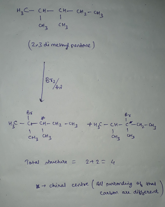 H₂ C- CH - CH - CH₂ - CH₂ CH₃ CH₂ (2+3 dimethyl pentone Brand Br H - Ct CH - CH₂ - CH₂ + H₂ - CH - C* CH₂ - CH3 1 CH3 CH3 CH3