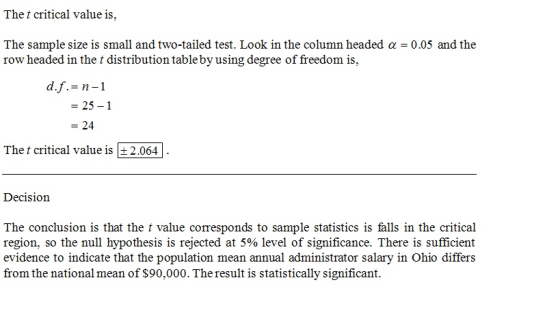 The t critical value is, The sample size is small and two-tailed test. Look in the column headed α = 0.05 and the row headed