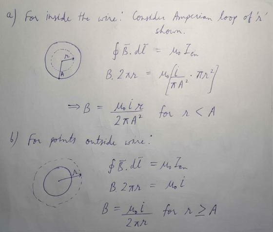 shown. a) for inside the wire: Consider Amperian loop of r & 3. dl = Ms In Moli. B. har Tr пA2 B = Moir for r < 2TA² 6) for