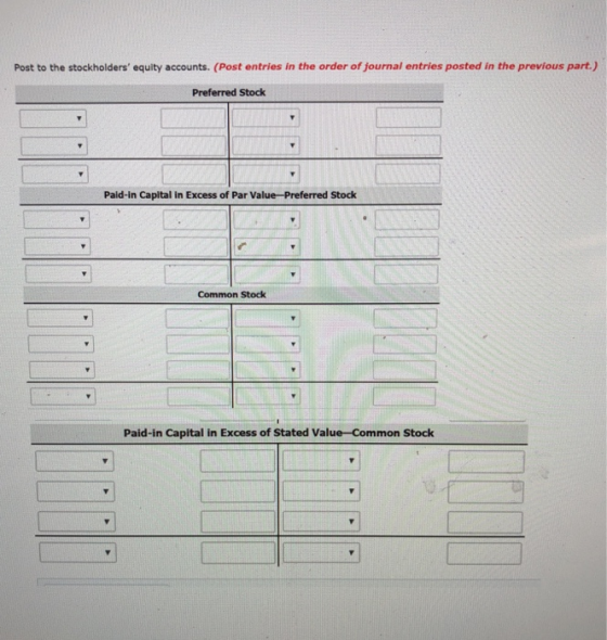 Post to the stockholders equity accounts. (Post entries in the order of journal entries posted in the previous part.) Prefer