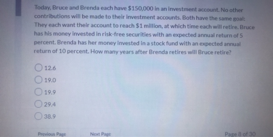 Today, Bruce and Brenda each have $150,000 in an investment account. No other contributions will be made to their investment