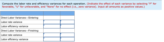 Compute the labor rate and efficiency variances for each operation. (Indicate the effect of each variance by selecting F fo