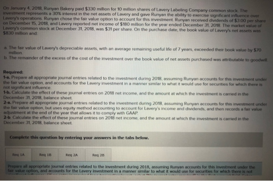 On January 4, 2018, Runyan Bakery paid $330 million for 10 million shares of Lavery Labeling Company common stock. The Invest