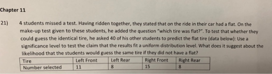 Chapter 11 4 students missed a test. Having ridden together, they stated that on the ride in their car had a flat. On the 21)