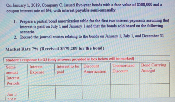 On January 1, 2019, Company C. issued five-year bonds with a face value of $500,000 and a coupon interest rate of 6%, with in