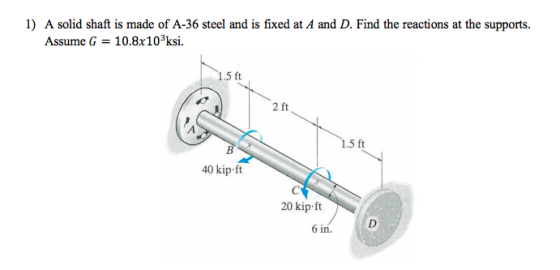 1) A solid shaft is made of A-36 steel and is fixed at A and D. Find the reactions at the supports. Assume G 10.8x103ksi. 1.5