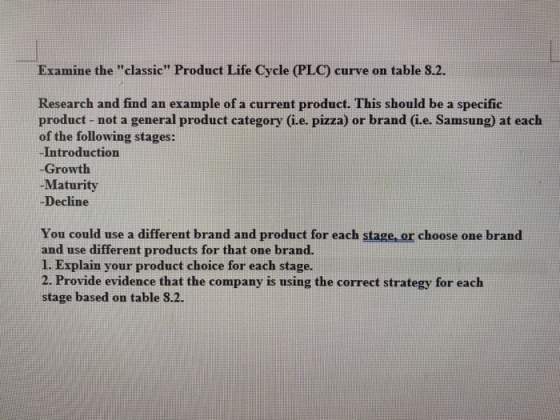 Examine the classic Product Life Cycle (PLC) curve on table S.2. Research and find an example of a current product. This should be a specific product - not a general product category Gi.e. pizza) or brand (i.e. Samsung) at eaclh of the following stages: Introduction -Growth Maturity Decline You could use a different brand and product for each stage, or choose one brand and use different products for that one brand. 1. Explain your product choice for each stage. 2. Provide evidence that the company is using the correct strategy for each stage based on table 8.2
