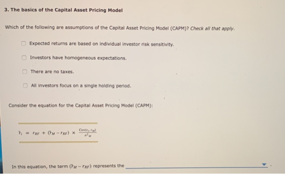 3. The basics of the Capital Asset Pricing Model Which of the following are assumptions of the Capital Asset Pricing Model (C