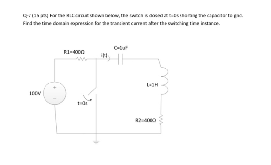 Q-7 (15 pts) For the RLC circuit shown below, the switch is closed at t-0s shorting the capacitor to gnd. Find the time domai