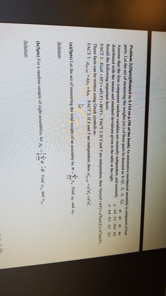 Problem 2(35pts)[Related to 5-114 on p.196 of the book] An automotive mechanical assembly is composed of four parts. Let the act of measuring the weights (oz.) of these parts be denoted as x-(x, x that the four component random variables are mutually independent, and normally μ 40 55 100 80 distributed with the means and standard deviations given in the table at the right. Recall the following important facts: FACT 1: E(ax +bY) -aE(X)+bE(Y). FACT 2: If X and Y are independent, then Var(aX+br)-aVar(X)+b VarY) These facts can be written using Greek symbols as: FACT 1: A4x+,-a14 +bu, . FACT 2: IfX and r are independent, then ơarw a% + be σ0.4 0.5 0.2 0.5 x, Find r and ơw (a)(5pts) Let the act of measuring the total weight of an assembly be W- Solution TW 17. Find-and- (b(5pts) For a randonn sample of eight assemblies, let Solution