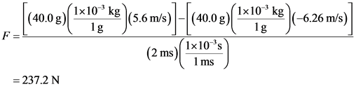 (10.08)(\*10% 85 )(5.6 m/s) (10.08)(1410258) (-16.26 nvs)]
(2 ms) 1x10s
lms
= 237.2 N
