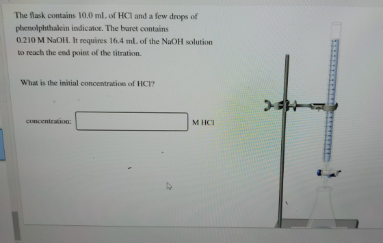 The flask contains 10.0 mL of HCl and a few drops of phenolphthalein indicator. The buret contains 0.210 M NaOH. It requires